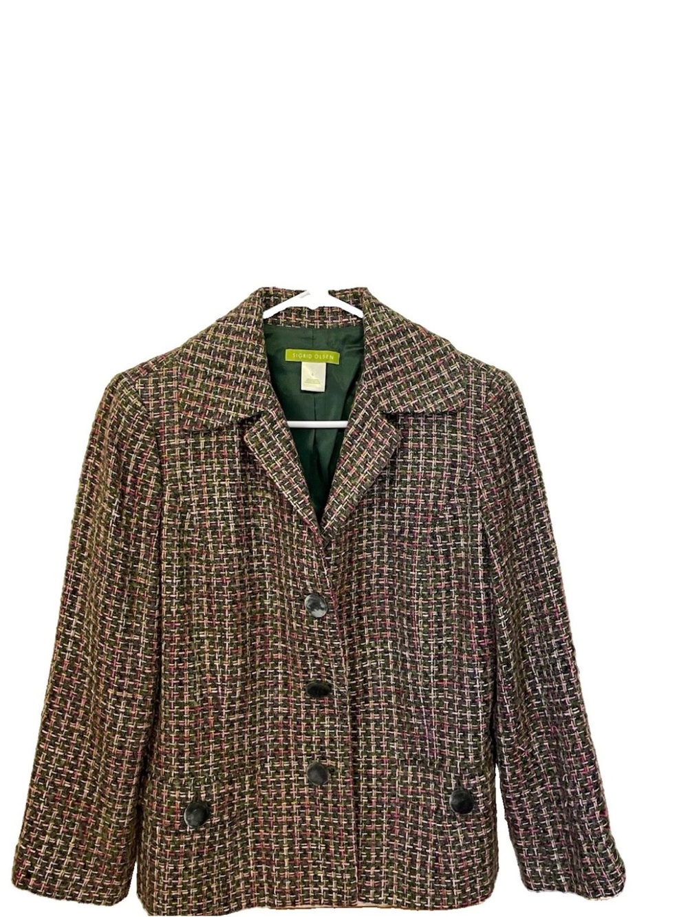 Sigrid Olsen Brown and Pink & Green Large Green Velvet Buttons Tweed Blazer